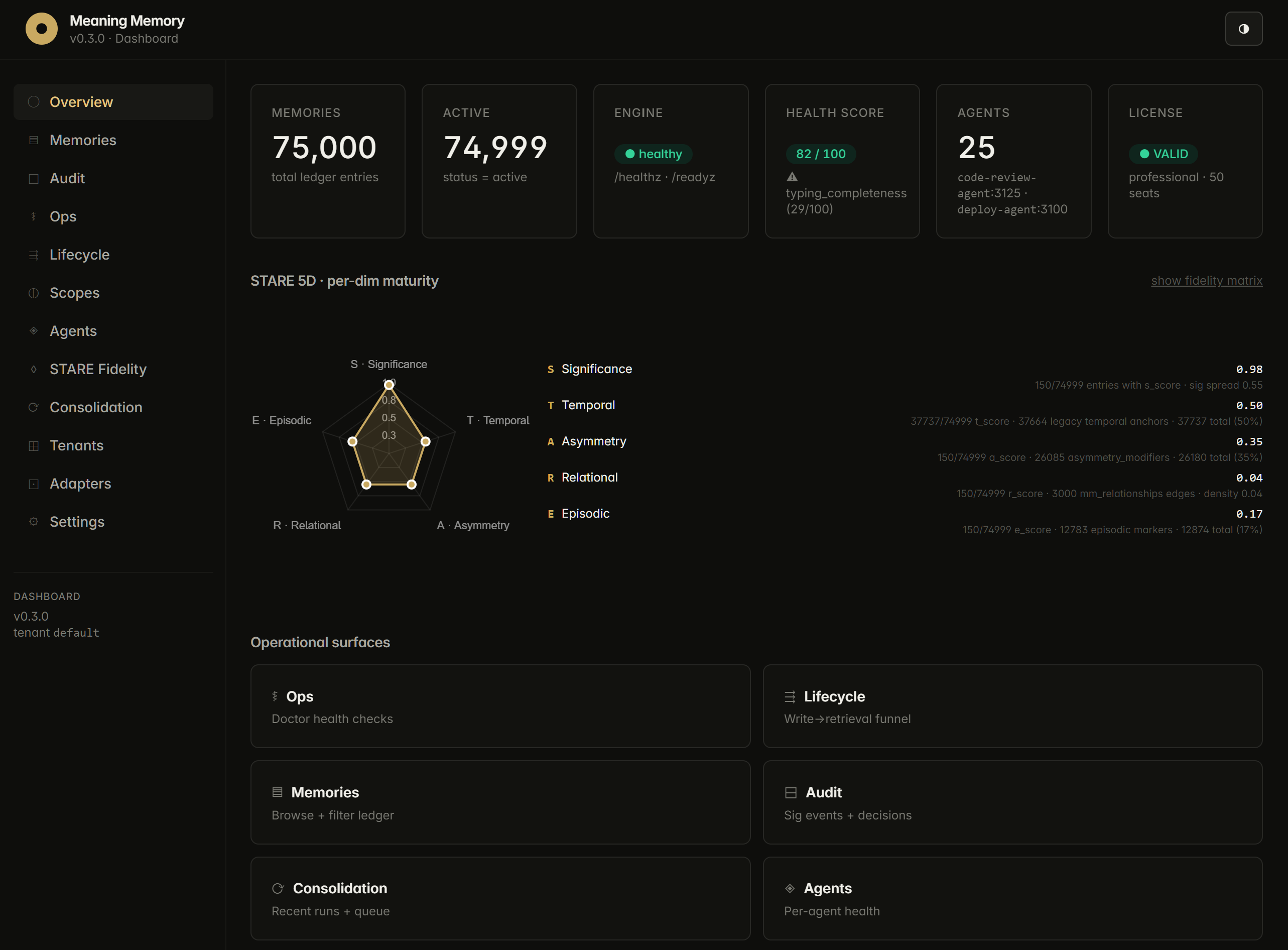 Meaning Memory admin dashboard overview with STARE 5D radar, Memory Health Score, License tile, fidelity matrix, and recent activity strips.